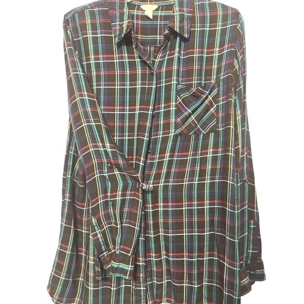 Plaid Womens Lrg LS Shirt Button Up rayon‎ Soft Roll up sleeve
